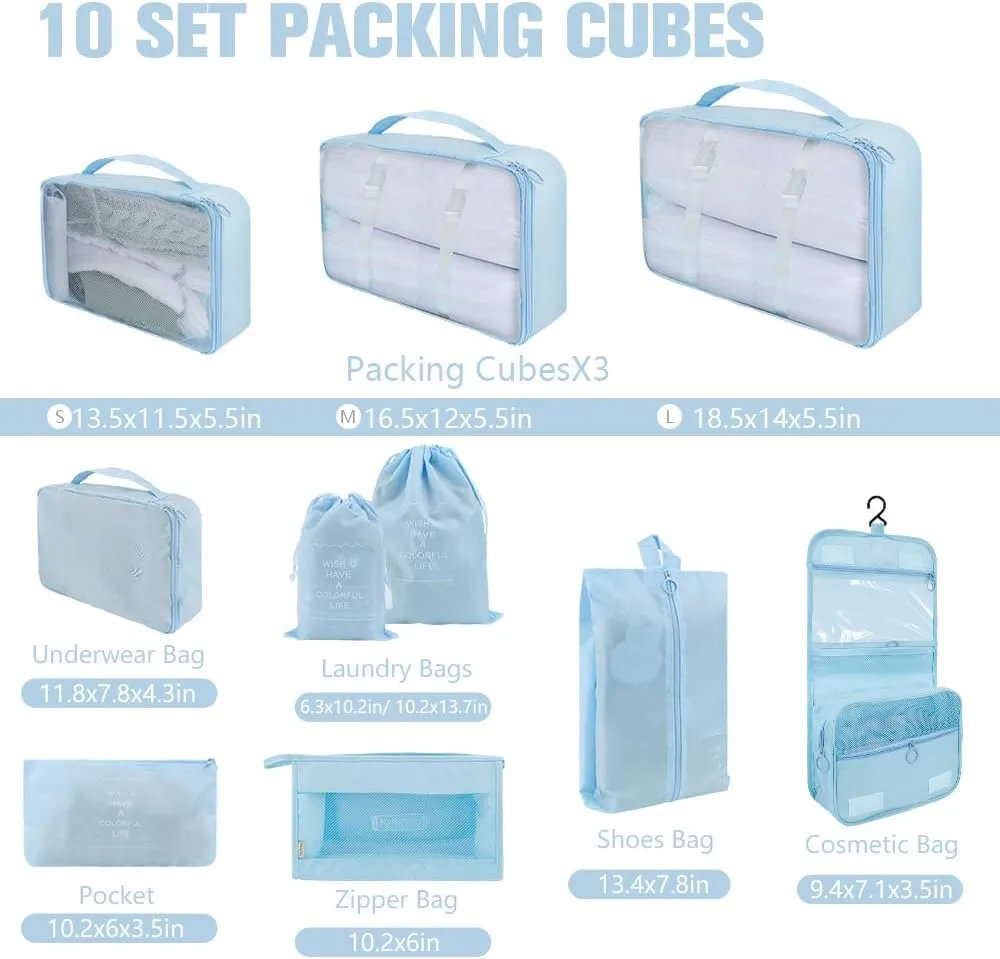 10 Set Packing Cubes for Travel, Lightweight Suitcase Luggage Organizer Bags, Travel Essentials Packing Organizers for Luggage, Packing Cubes for Carry On Suitcase in 4 Sizes with Shoe Bag, Blue