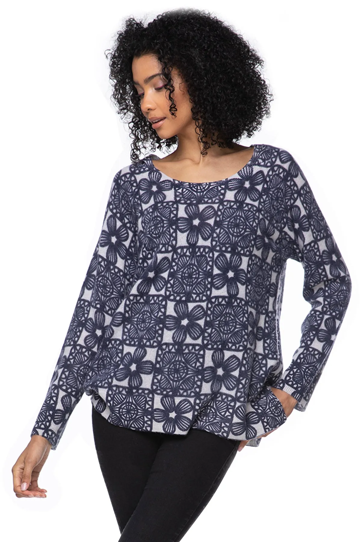 100% Cashmere Printed Comfort Crew