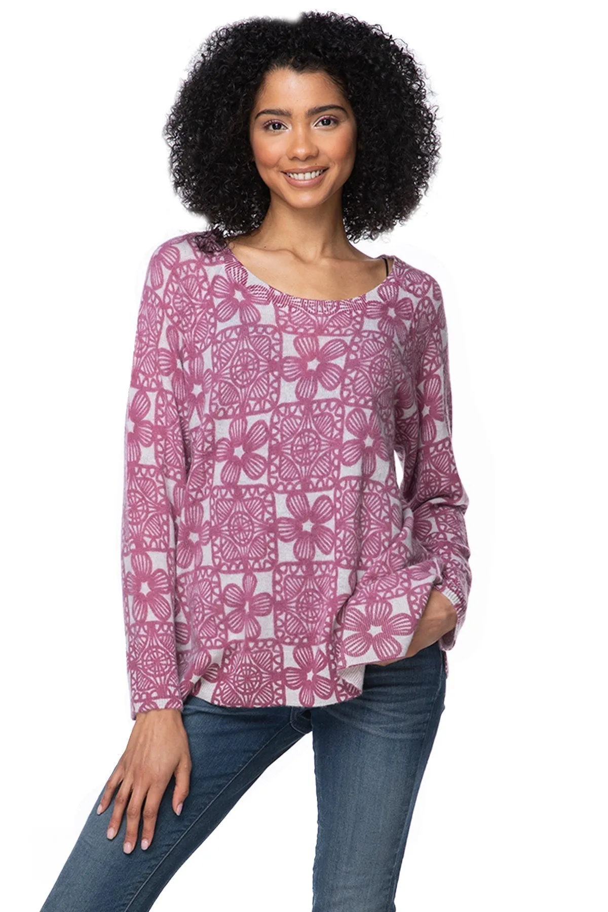 100% Cashmere Printed Comfort Crew