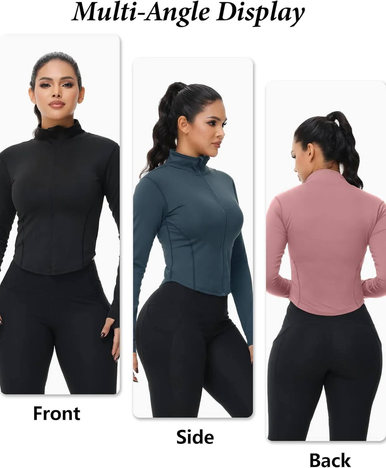 3 Pack Womens Cropped Full Zip up Workout Jacket Slim Fit Running Athletic Gym Yoga Sports Jacket with Thumb Holes