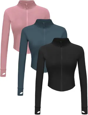 3 Pack Womens Cropped Full Zip up Workout Jacket Slim Fit Running Athletic Gym Yoga Sports Jacket with Thumb Holes