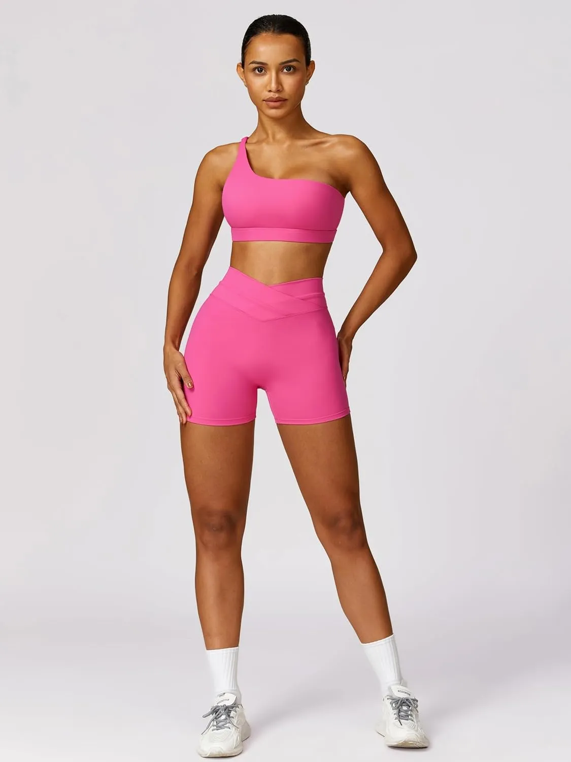 ABOCIW Workout Sets for Women Crossover High Waist Biker Shorts One Shoulder Sports Bra 2 Piece Gym Yoga Outfits