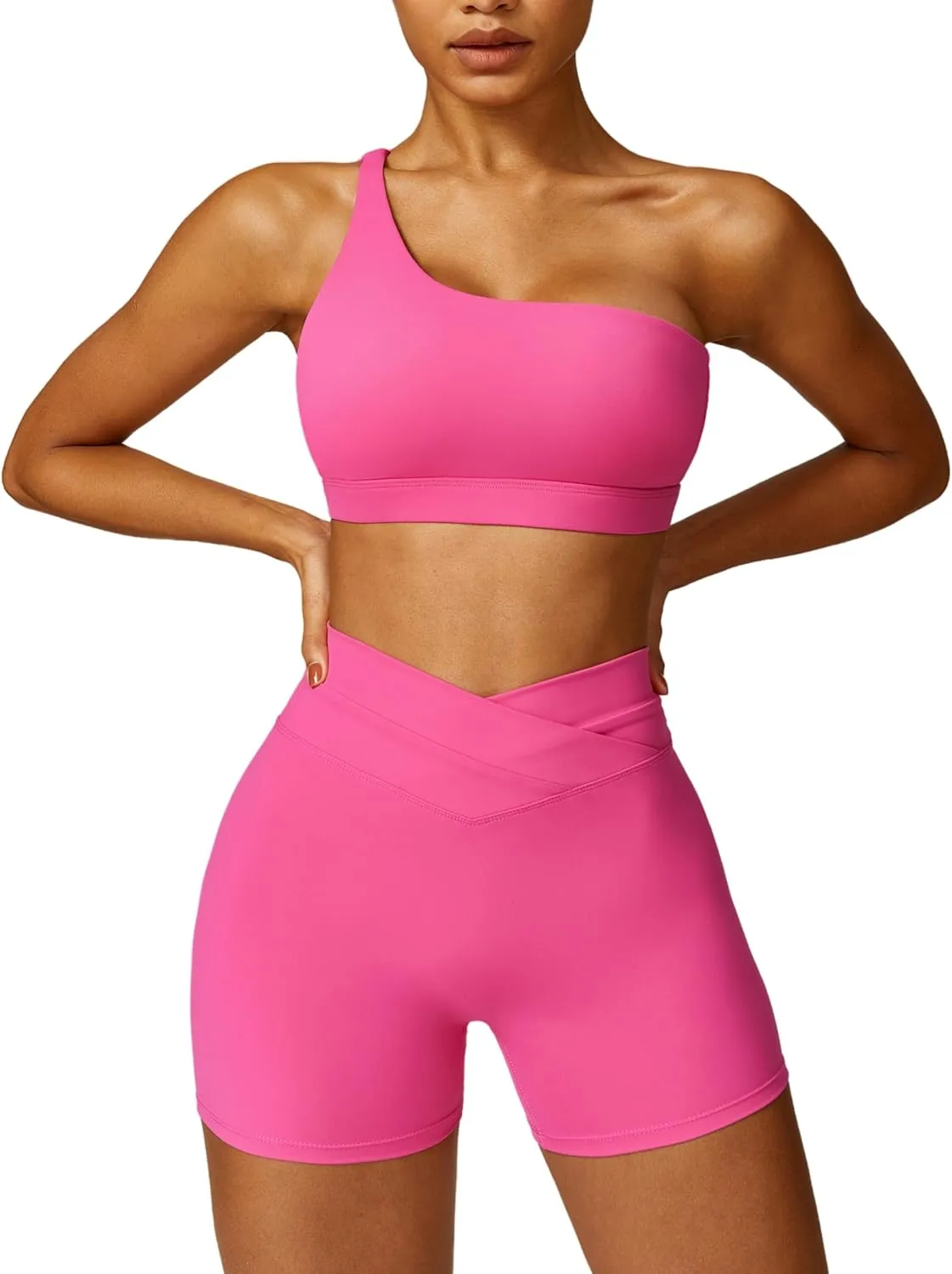 ABOCIW Workout Sets for Women Crossover High Waist Biker Shorts One Shoulder Sports Bra 2 Piece Gym Yoga Outfits