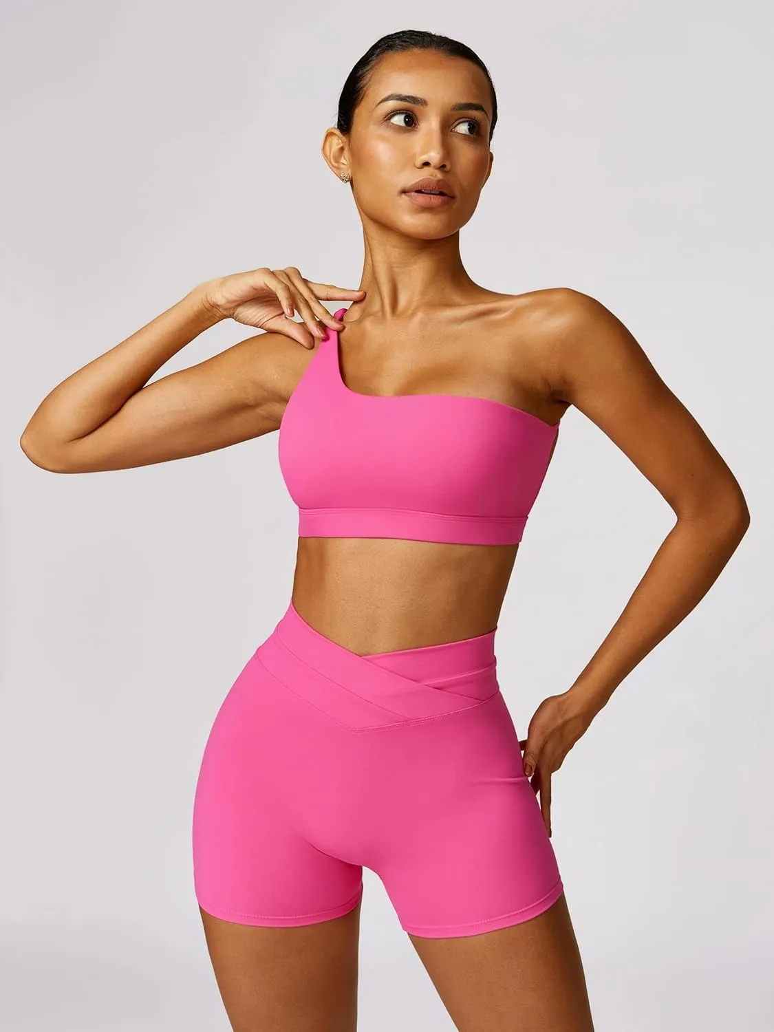 ABOCIW Workout Sets for Women Crossover High Waist Biker Shorts One Shoulder Sports Bra 2 Piece Gym Yoga Outfits
