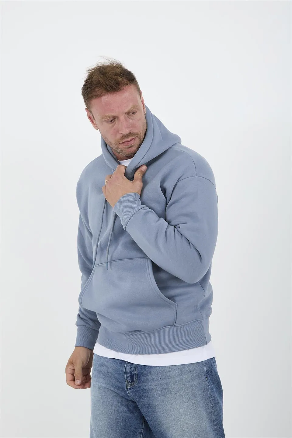 açikmavi erkek oversize kapüşonlu kanguru cepli sweatshirt