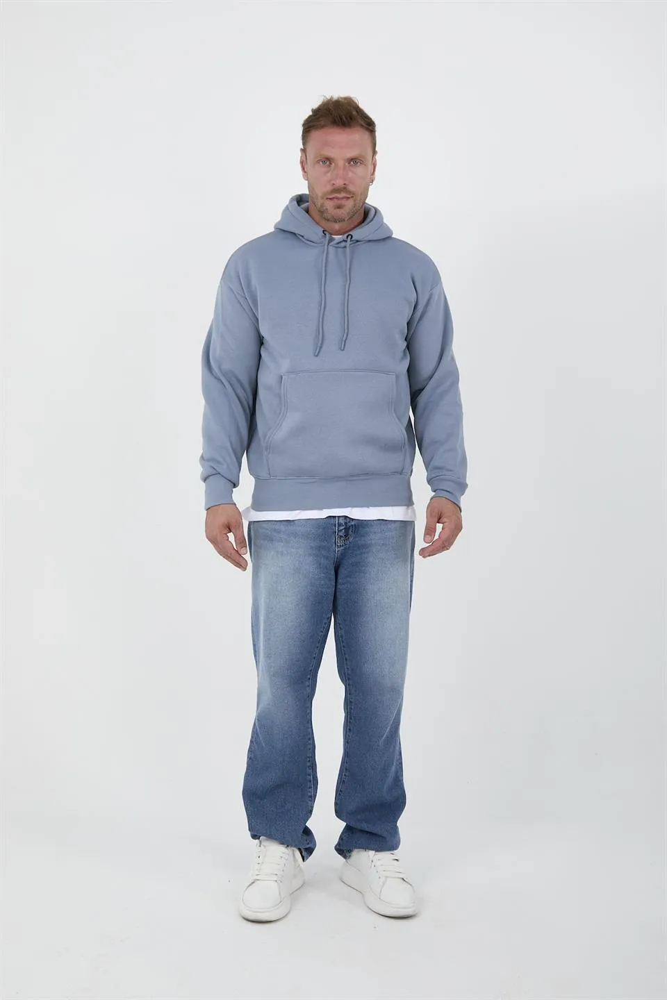 açikmavi erkek oversize kapüşonlu kanguru cepli sweatshirt
