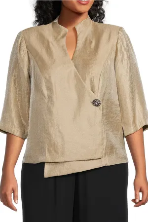 Alex Evenings 3/4 Sleeve V-Neck Asymmetric Overlay Hem Blouse (Plus Size)