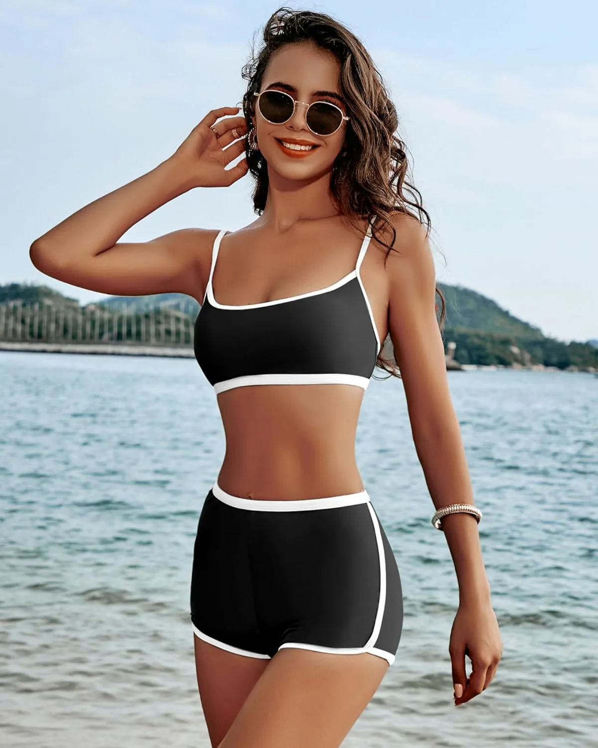 AngiMelo High Waisted Bikini Sets for Women Two Piece Tummy Control Swimsuits Modest Bathing Suit Shorts Swim Suits Teens