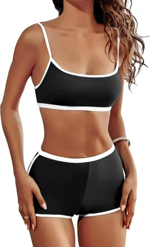 AngiMelo High Waisted Bikini Sets for Women Two Piece Tummy Control Swimsuits Modest Bathing Suit Shorts Swim Suits Teens