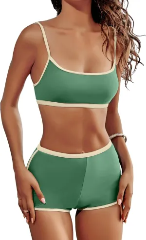 AngiMelo High Waisted Bikini Sets for Women Two Piece Tummy Control Swimsuits Modest Bathing Suit Shorts Swim Suits Teens