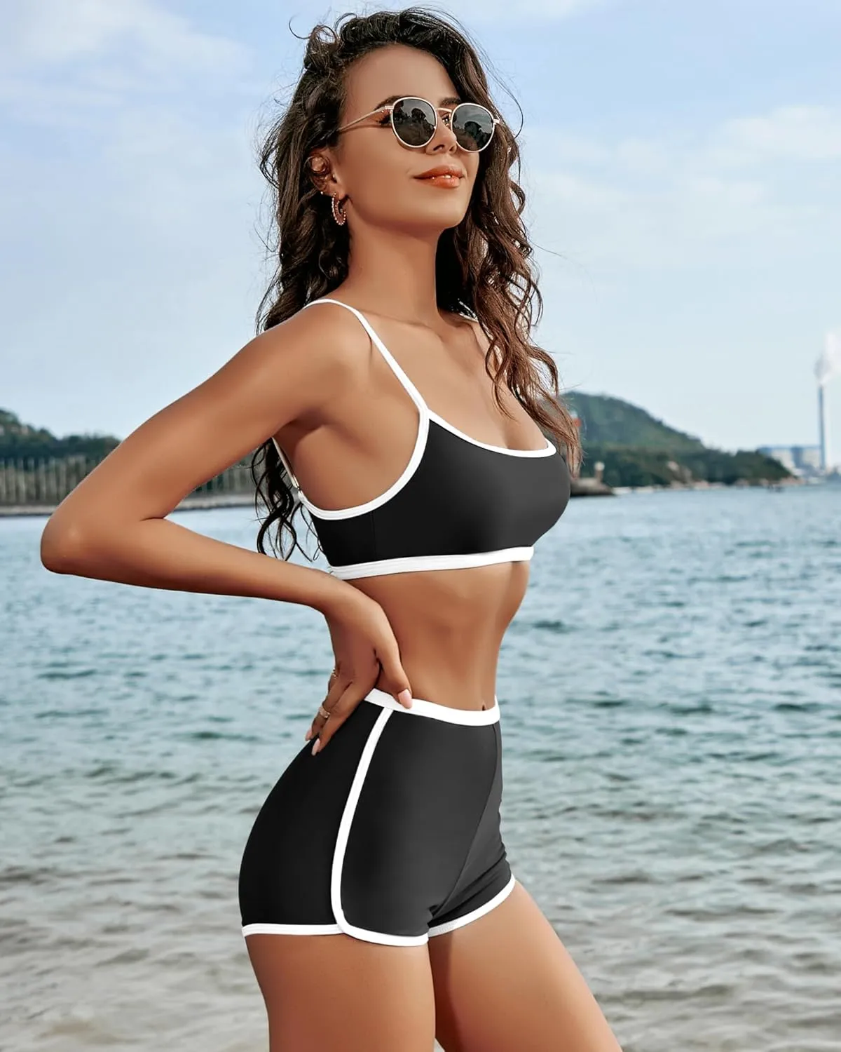 AngiMelo High Waisted Bikini Sets for Women Two Piece Tummy Control Swimsuits Modest Bathing Suit Shorts Swim Suits Teens