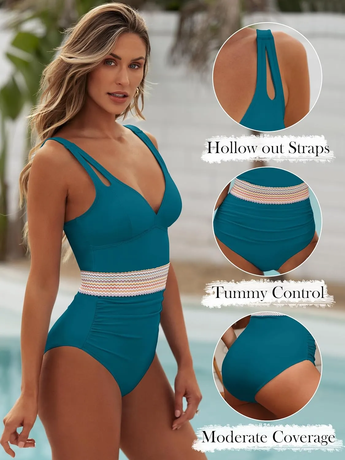 ANRABESS One Piece Swimsuit for Women Tummy Control V Neck Slimming Sexy Bathing Suit Color Block Padded Beach Swimwear