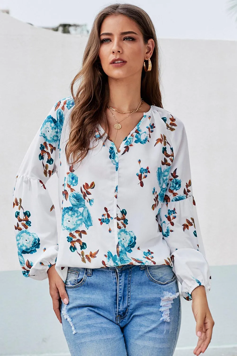 Ballon Sleeve Floral Shirt Top