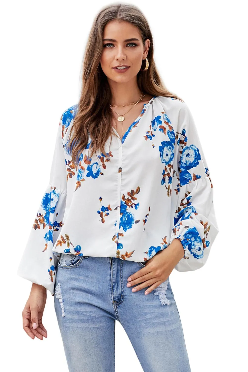 Ballon Sleeve Floral Shirt Top
