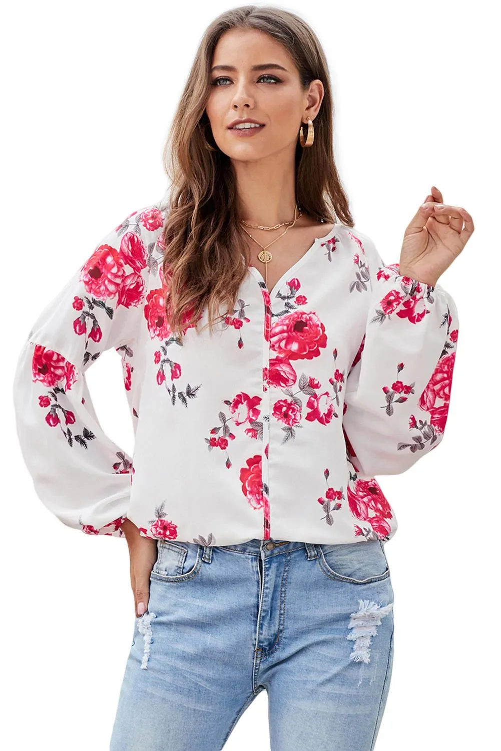 Ballon Sleeve Floral Shirt Top