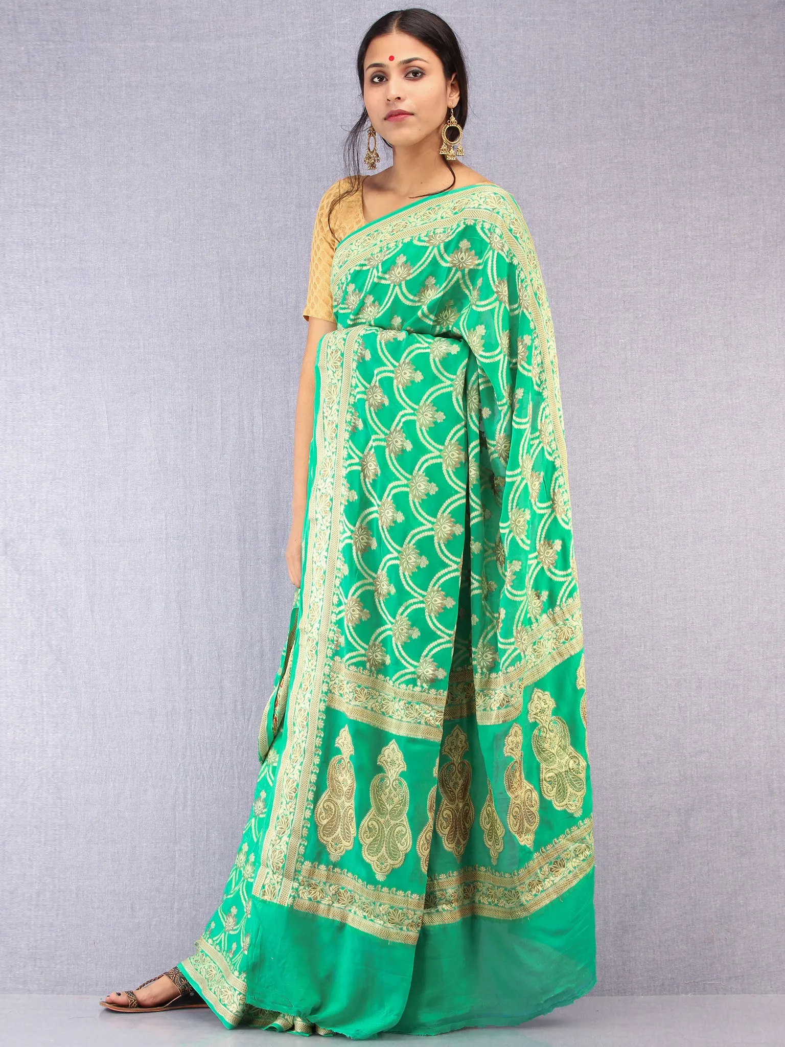Banarasee Pure Chiffon With Resham & Zari Work - Sea Green Ivory & Gold - S031704369