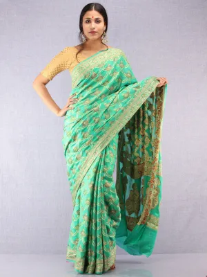 Banarasee Pure Chiffon With Resham & Zari Work - Sea Green Ivory & Gold - S031704369
