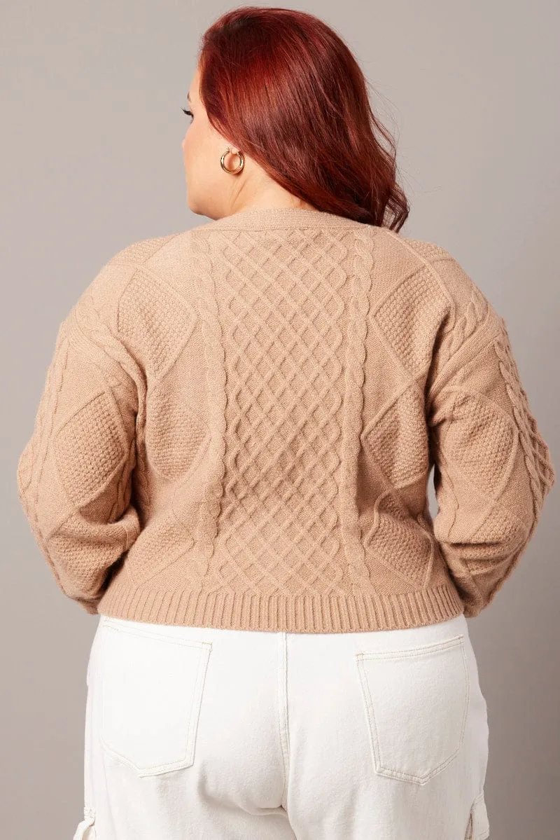 Beige Cable Knit Cardigan V-neck Crop