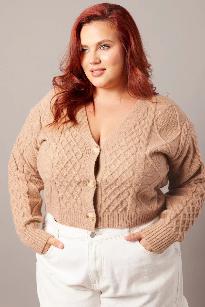 Beige Cable Knit Cardigan V-neck Crop
