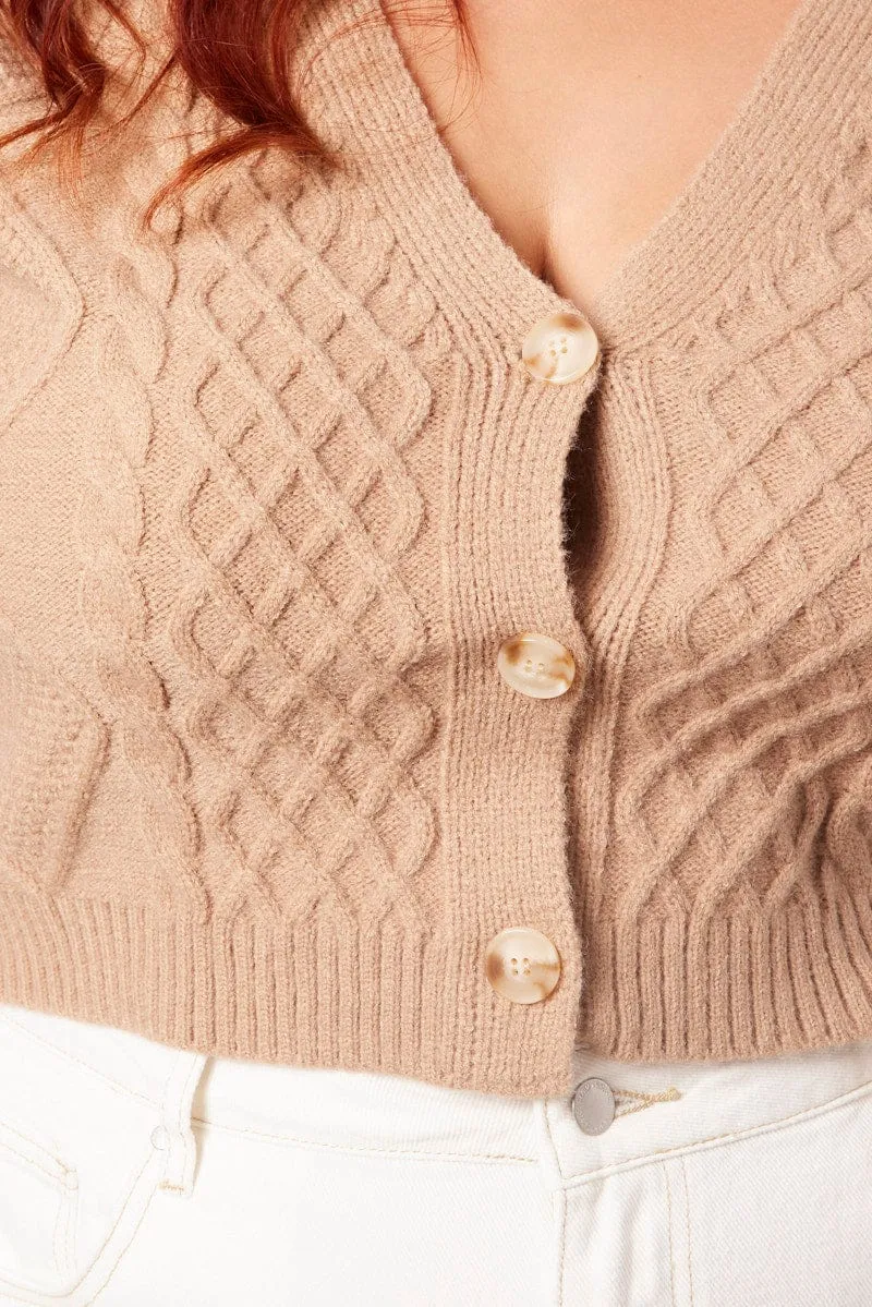 Beige Cable Knit Cardigan V-neck Crop