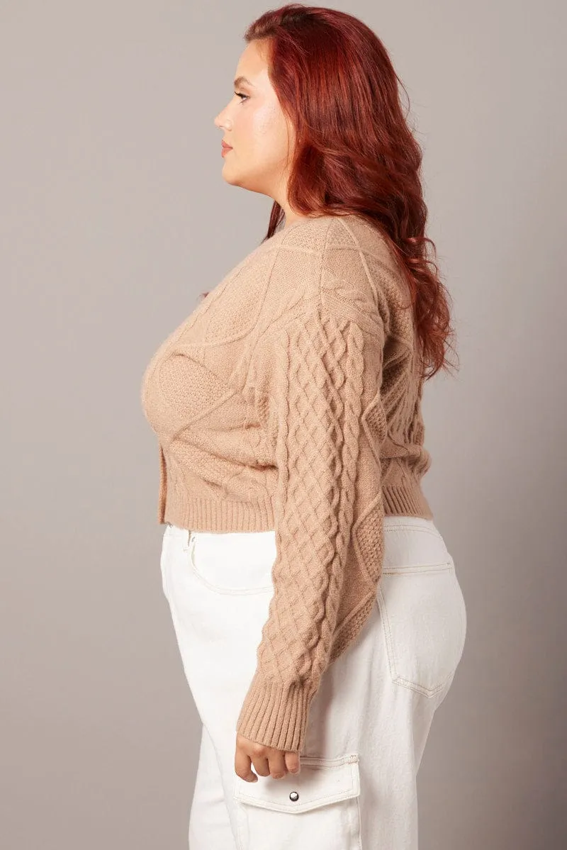 Beige Cable Knit Cardigan V-neck Crop