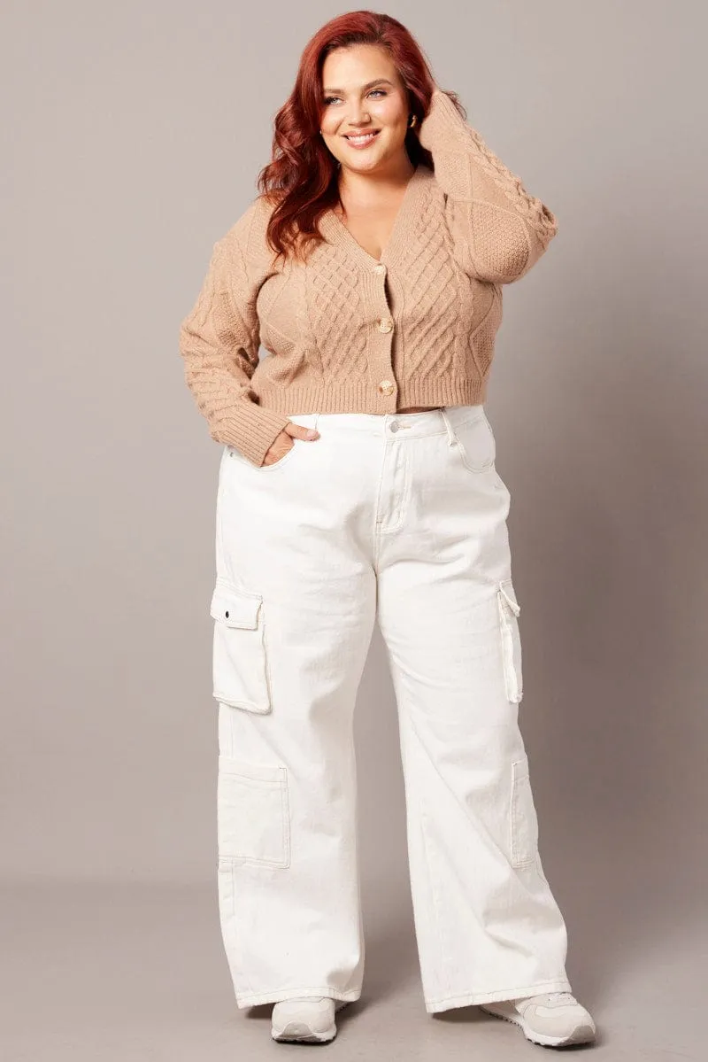 Beige Cable Knit Cardigan V-neck Crop