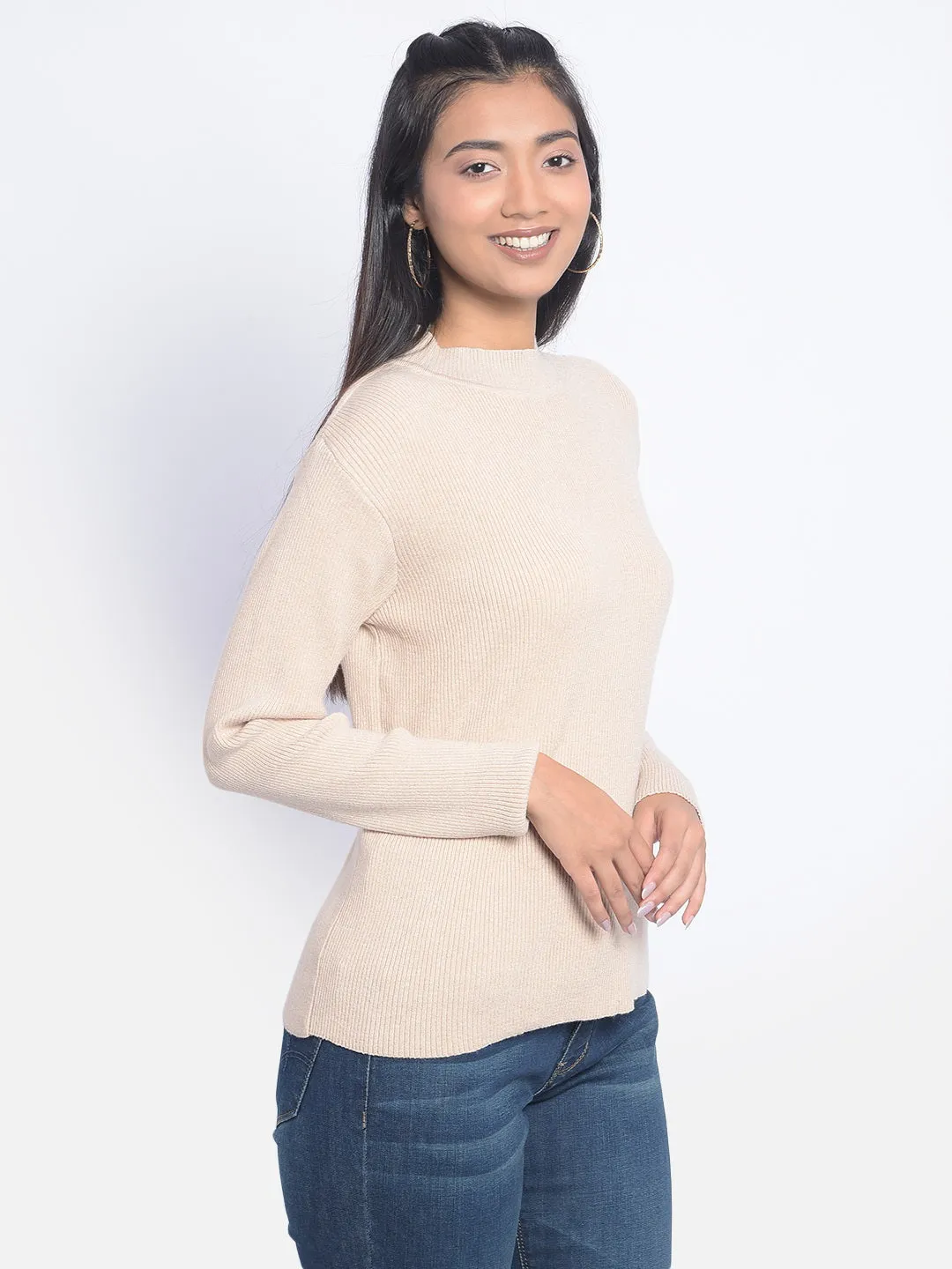 Beige High-Neck Sweaters