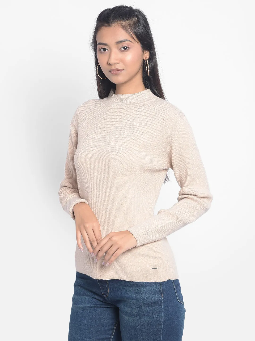 Beige High-Neck Sweaters
