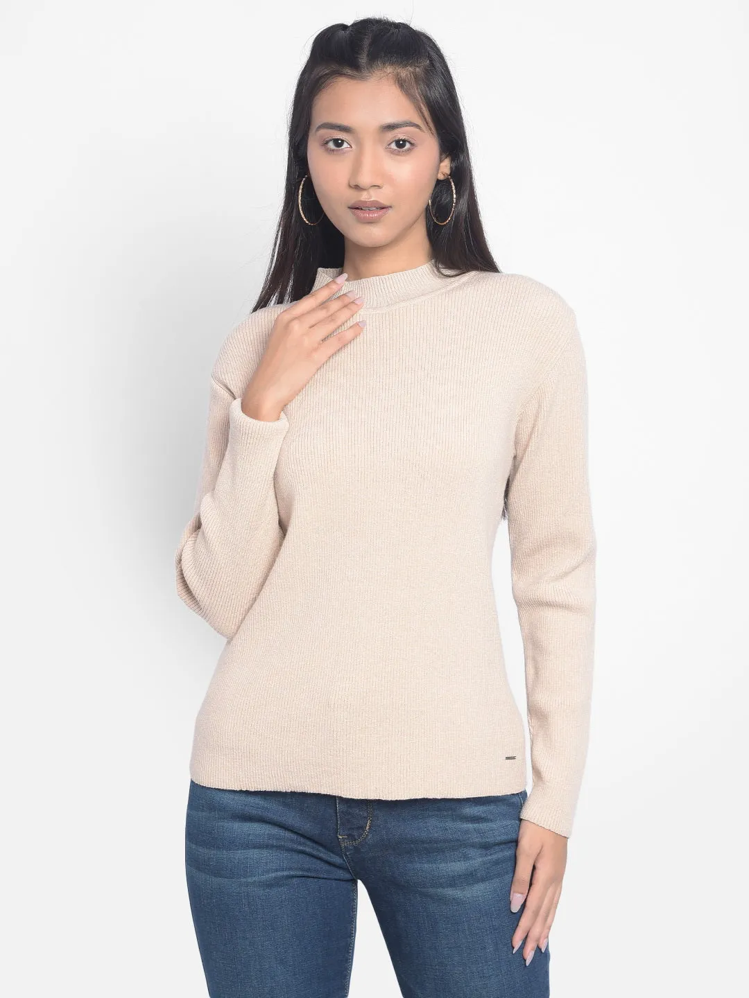 Beige High-Neck Sweaters
