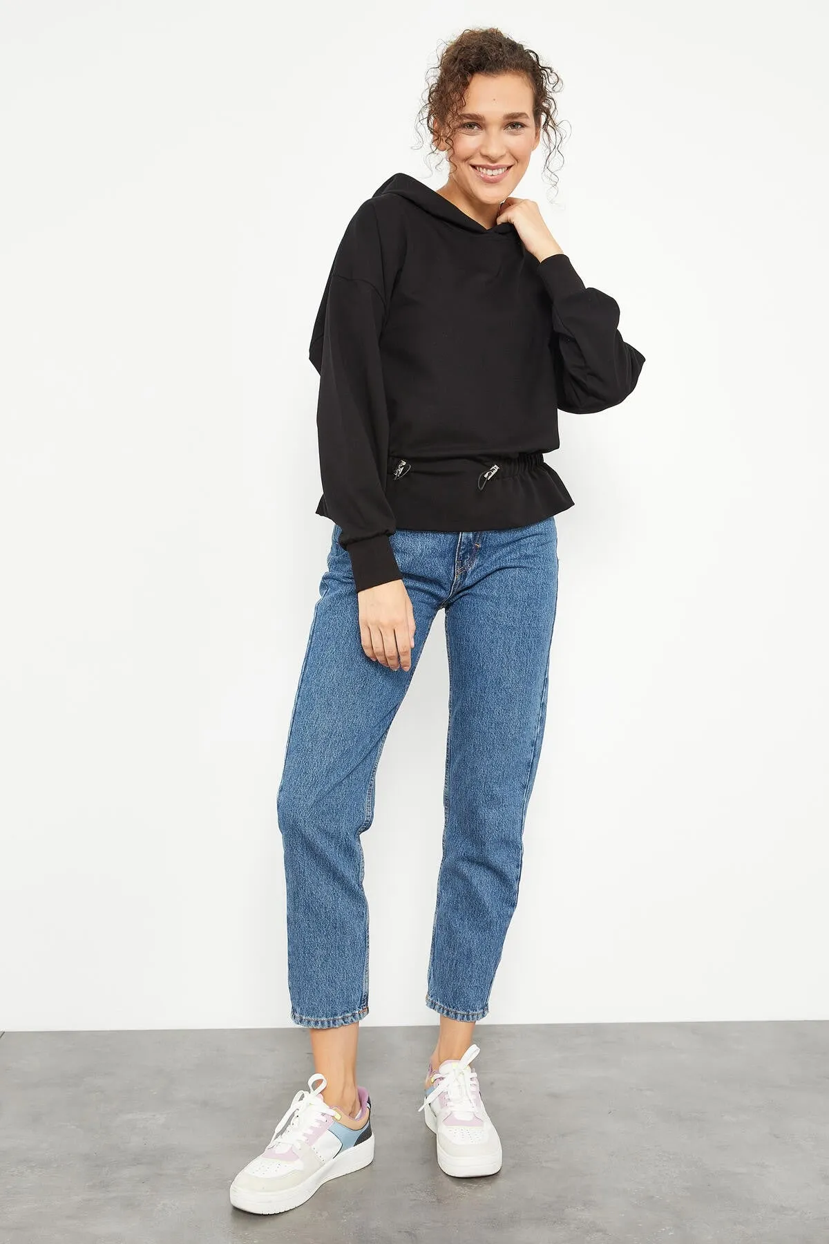 beli büzgülü kapüşonlu kadin oversize sweatshirt - 97159
