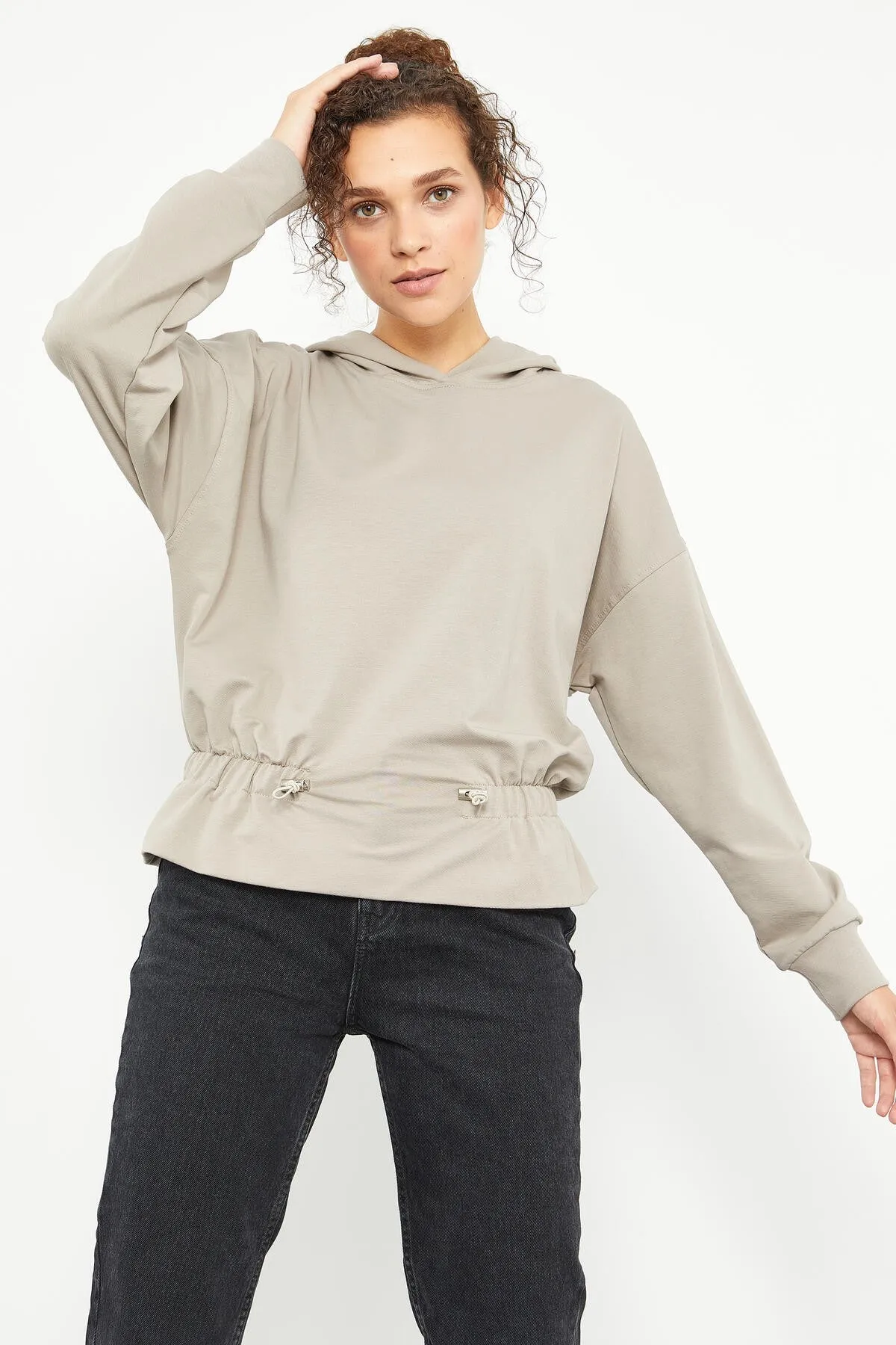 beli büzgülü kapüşonlu kadin oversize sweatshirt - 97159