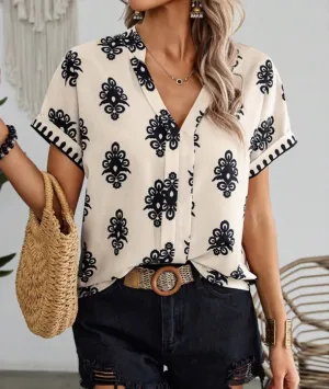 Bella Stride| Printed short sleeve elegant blouse with V-neck