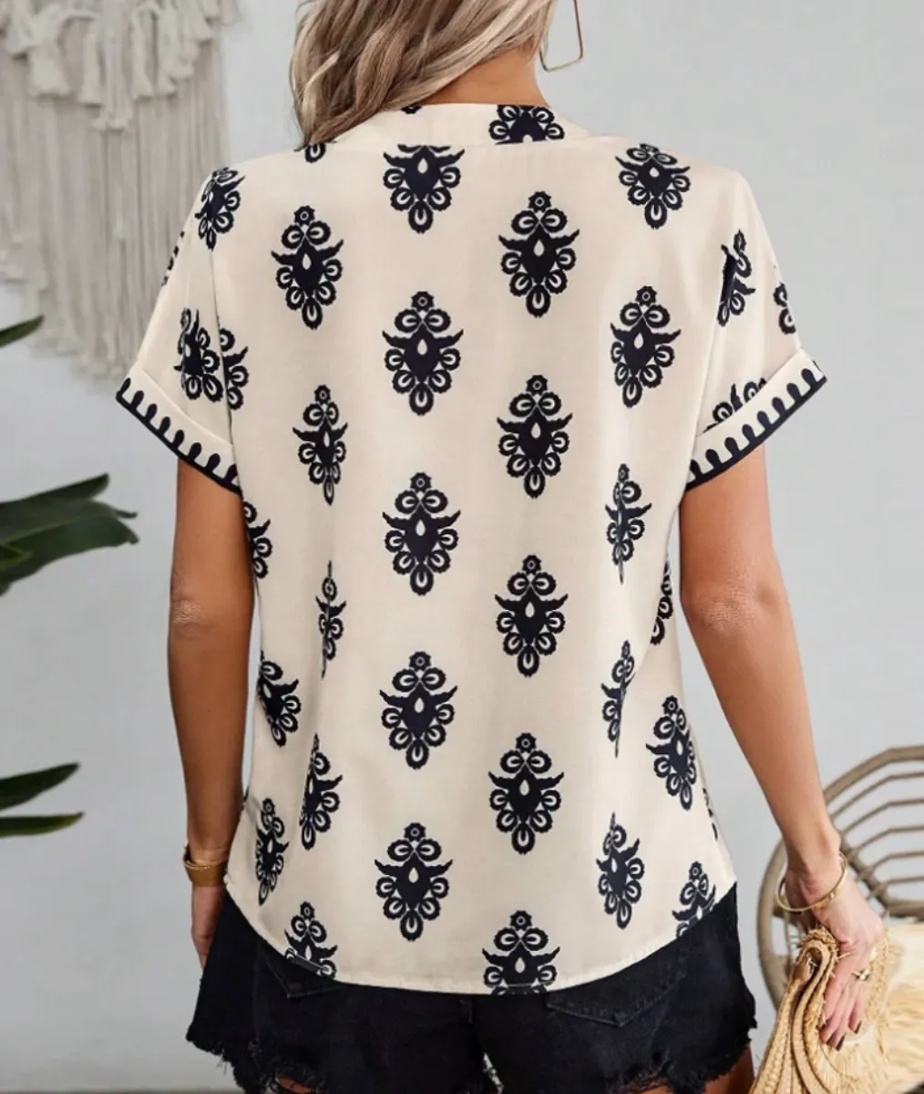 Bella Stride| Printed short sleeve elegant blouse with V-neck