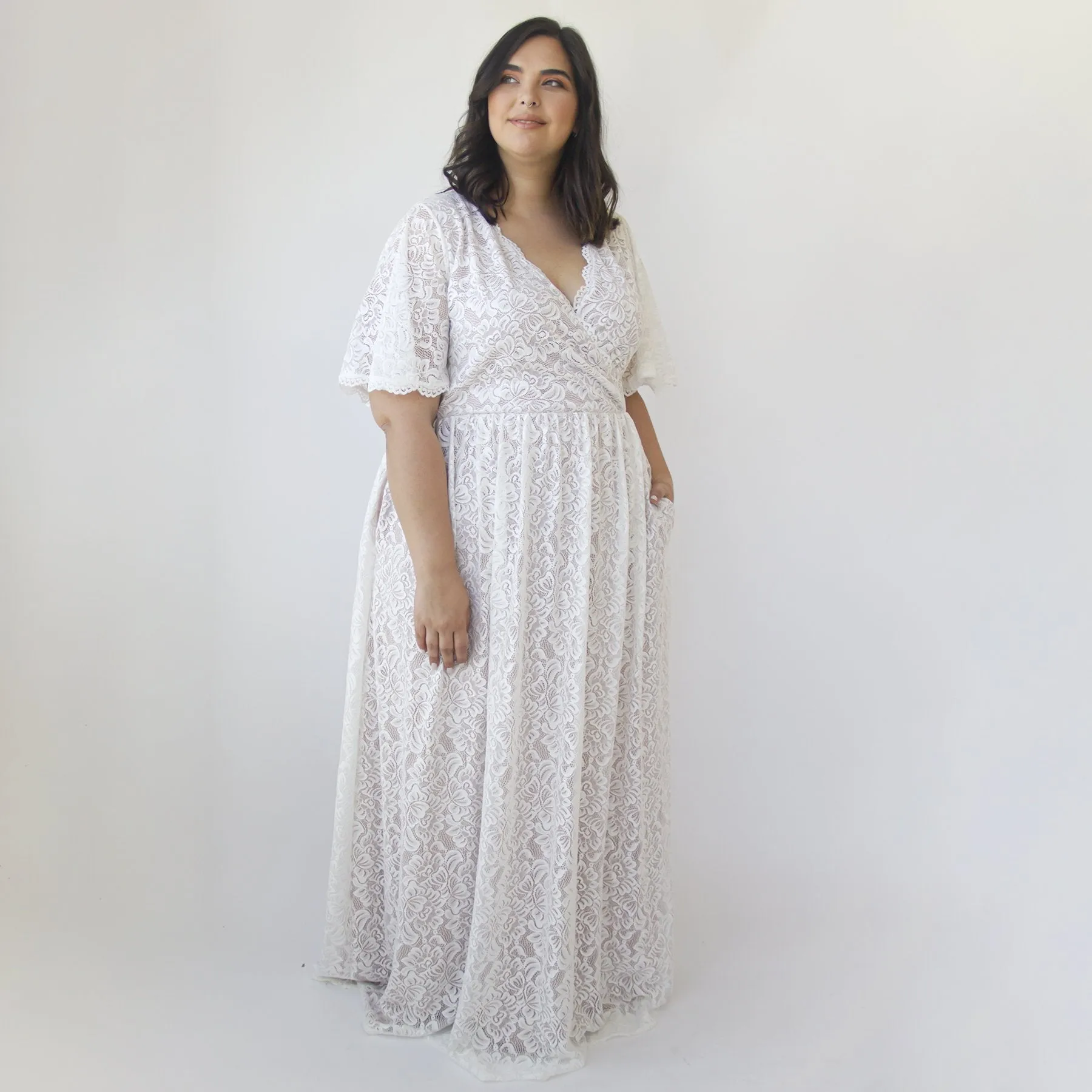 Bestseller Curvy  Butterfly Sleeves Ivory Wedding Dress With Pockets #1314