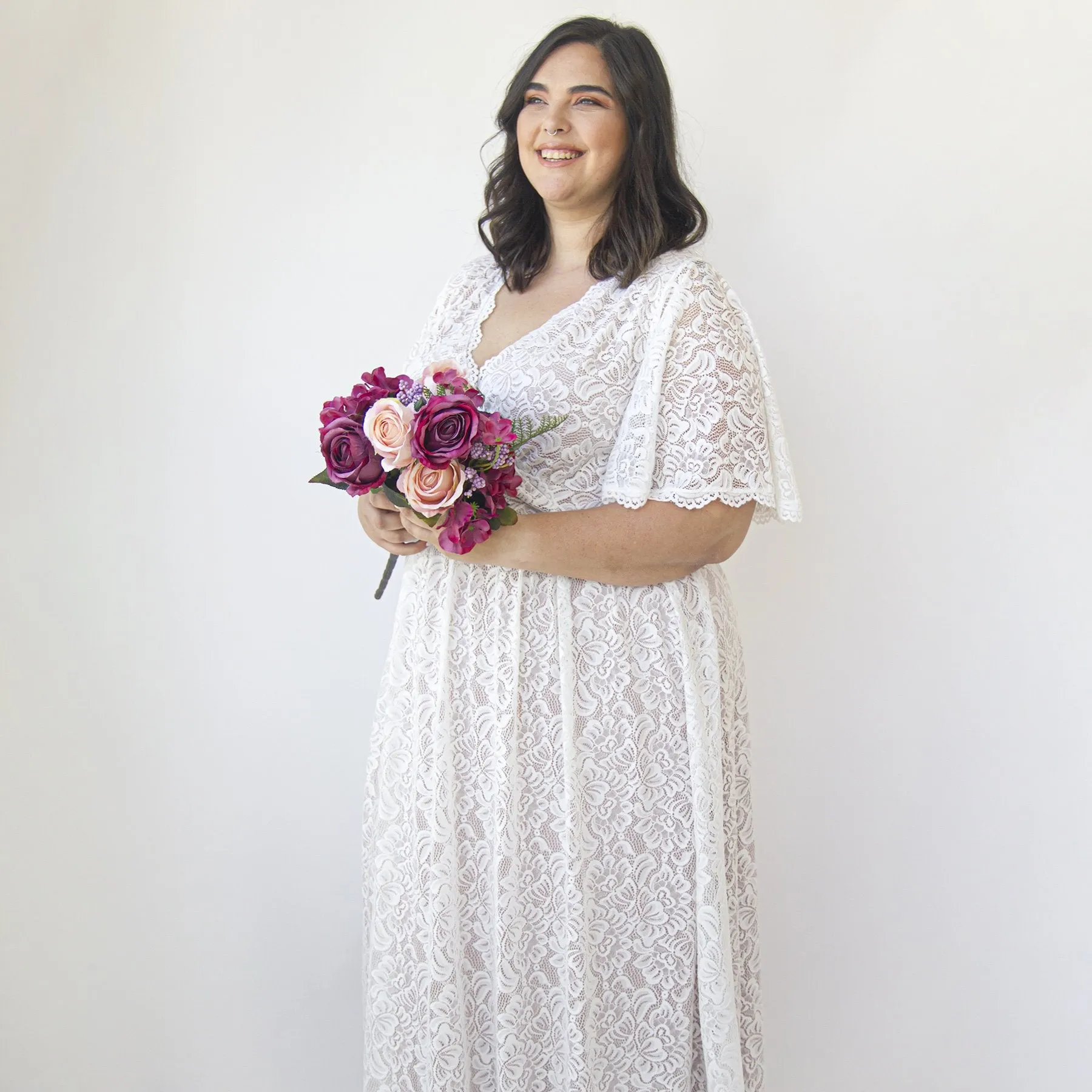Bestseller Curvy  Butterfly Sleeves Ivory Wedding Dress With Pockets #1314