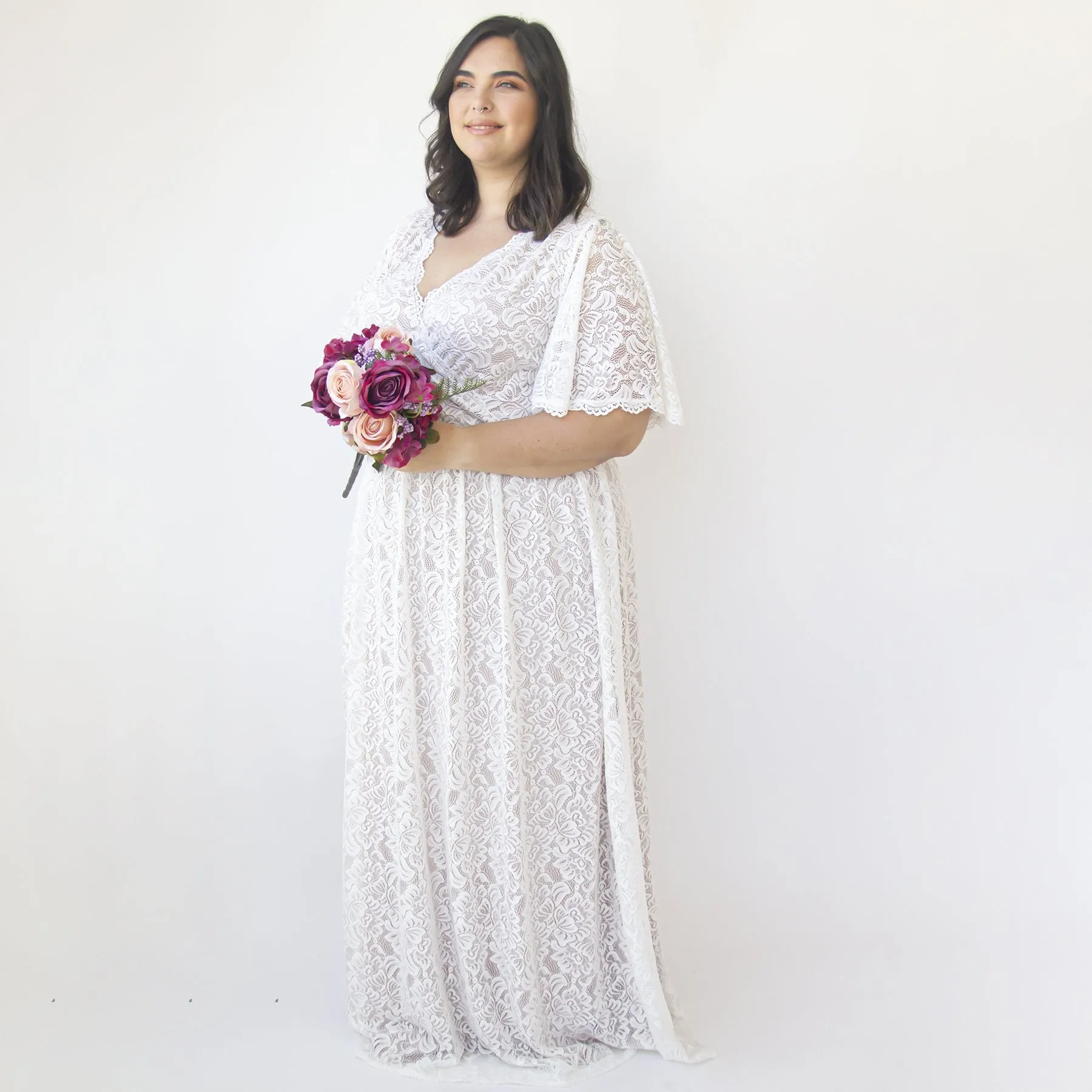 Bestseller Curvy  Butterfly Sleeves Ivory Wedding Dress With Pockets #1314