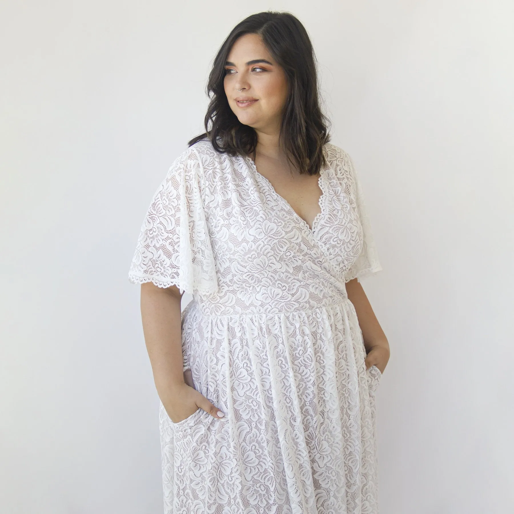 Bestseller Curvy  Butterfly Sleeves Ivory Wedding Dress With Pockets #1314