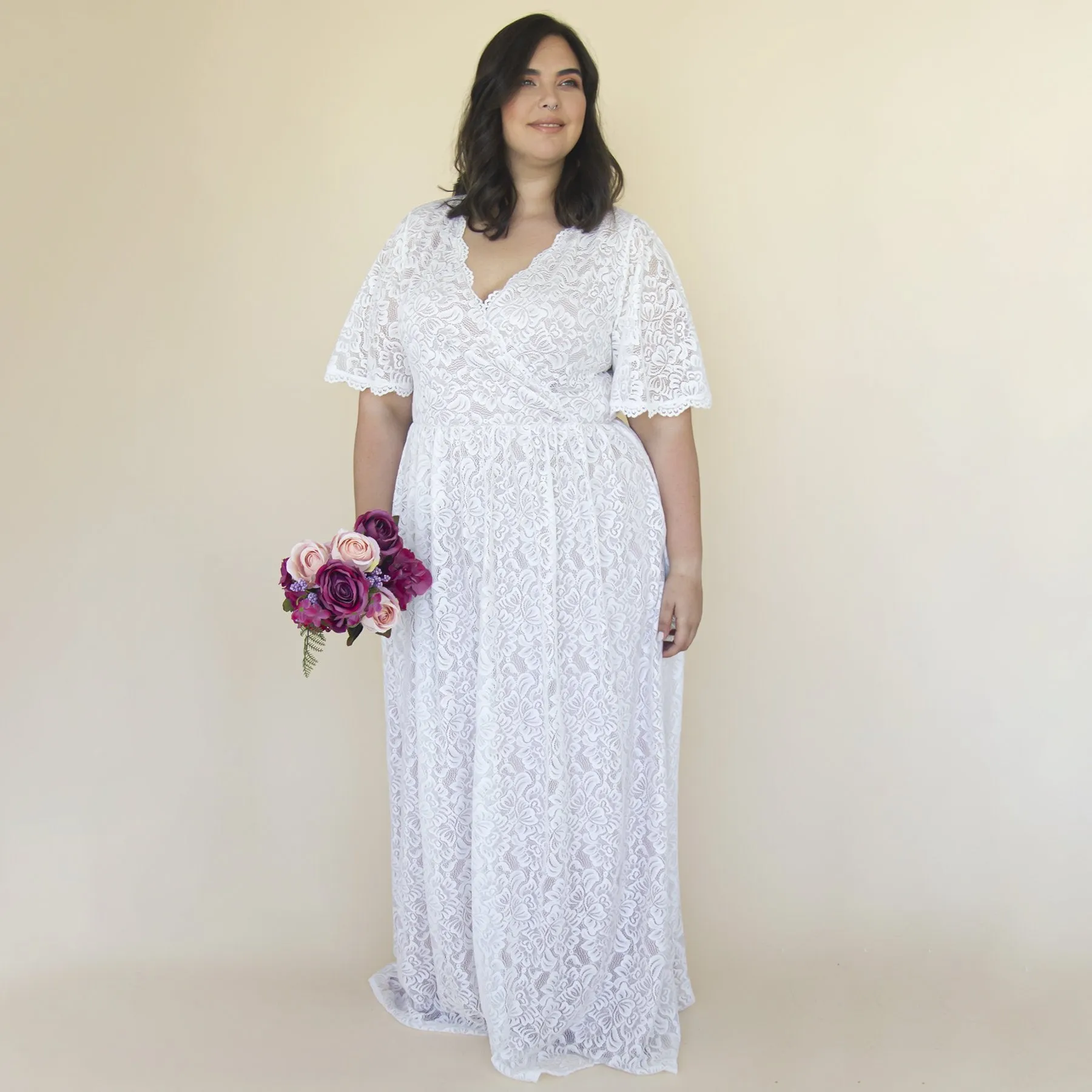 Bestseller Curvy  Butterfly Sleeves Ivory Wedding Dress With Pockets #1314