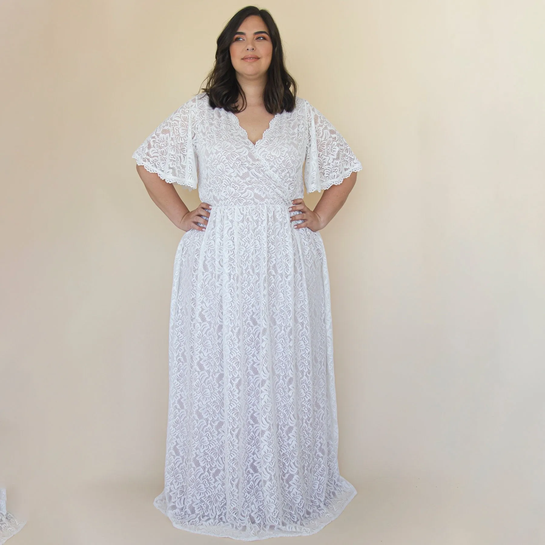 Bestseller Curvy  Butterfly Sleeves Ivory Wedding Dress With Pockets #1314