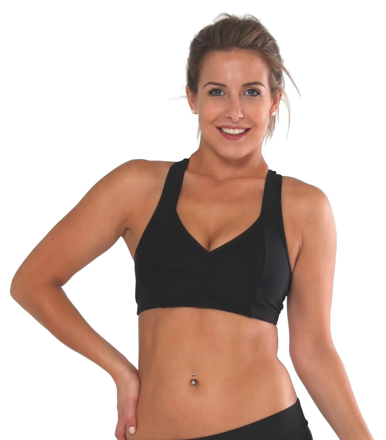 BK40 Matt Black & Mesh Contrast V Wrap Crop Top