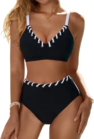 Blooming Jelly Women High Waisted Bikini Sets Color Block Two Piece Swimsuits Push Up V Neck High Cut Bathing Suit