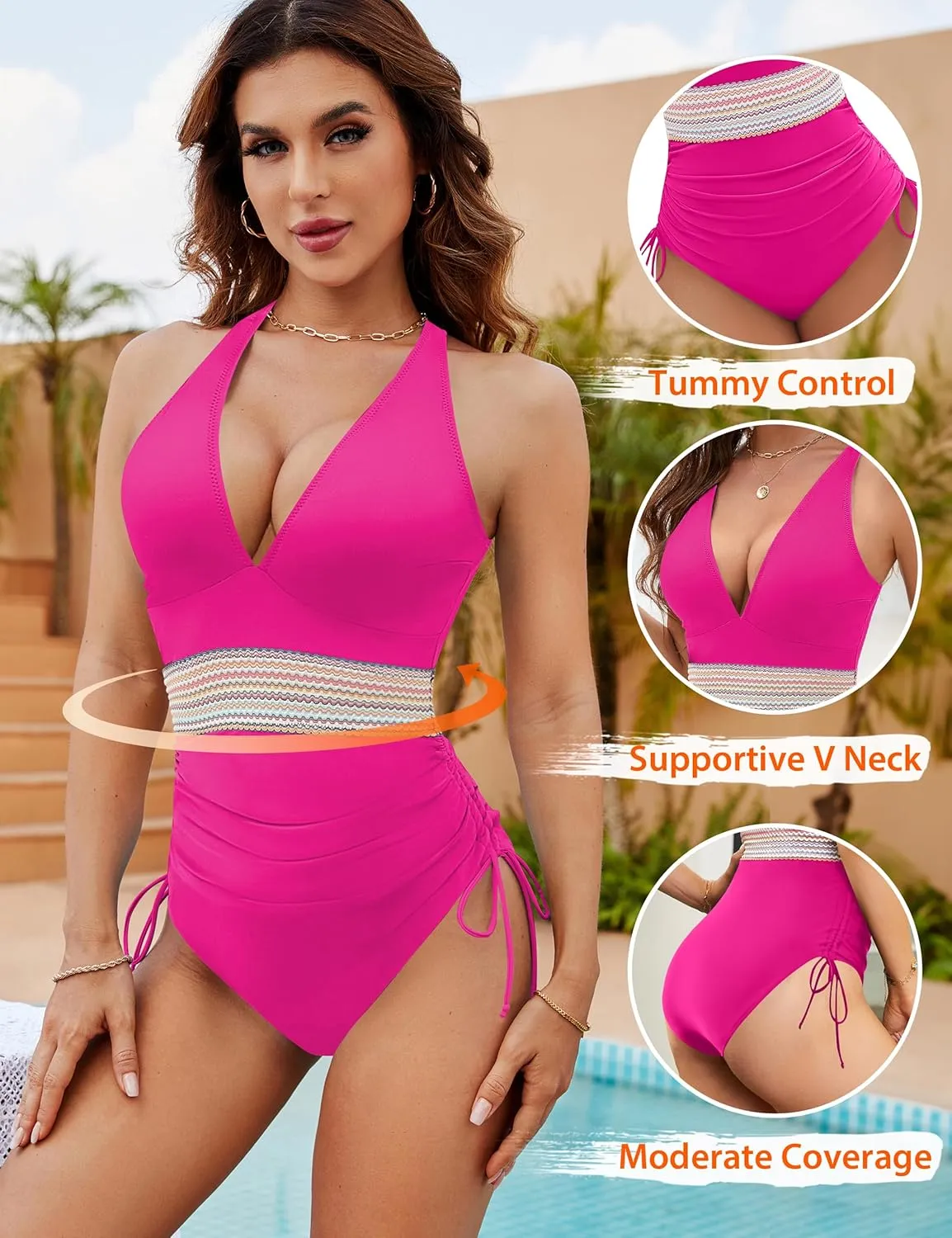 Blooming Jelly Women Tummy Control Swimsuits One Piece Slimming Modest Bathing Suit Color Block Drawstring Swim Suits