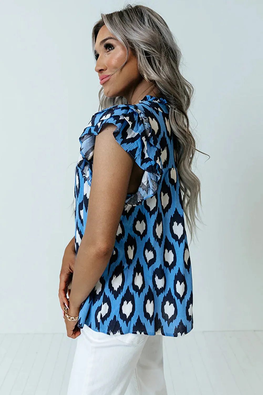 Blue Abstract Print Frilly Ruffle Tie Split Neck Blouse