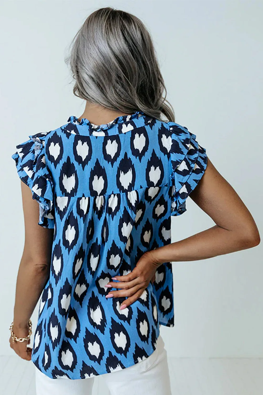 Blue Abstract Print Frilly Ruffle Tie Split Neck Blouse