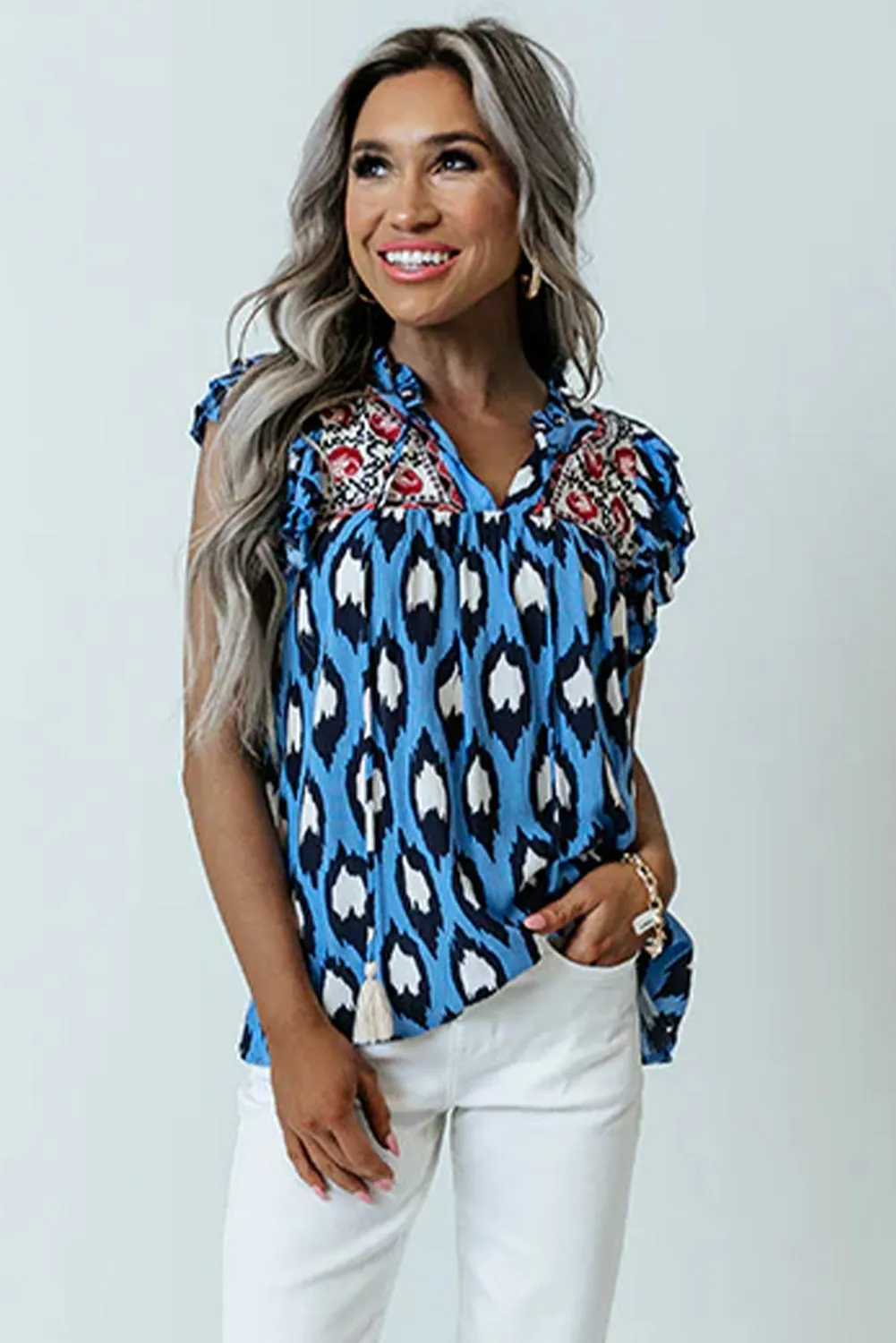Blue Abstract Print Frilly Ruffle Tie Split Neck Blouse