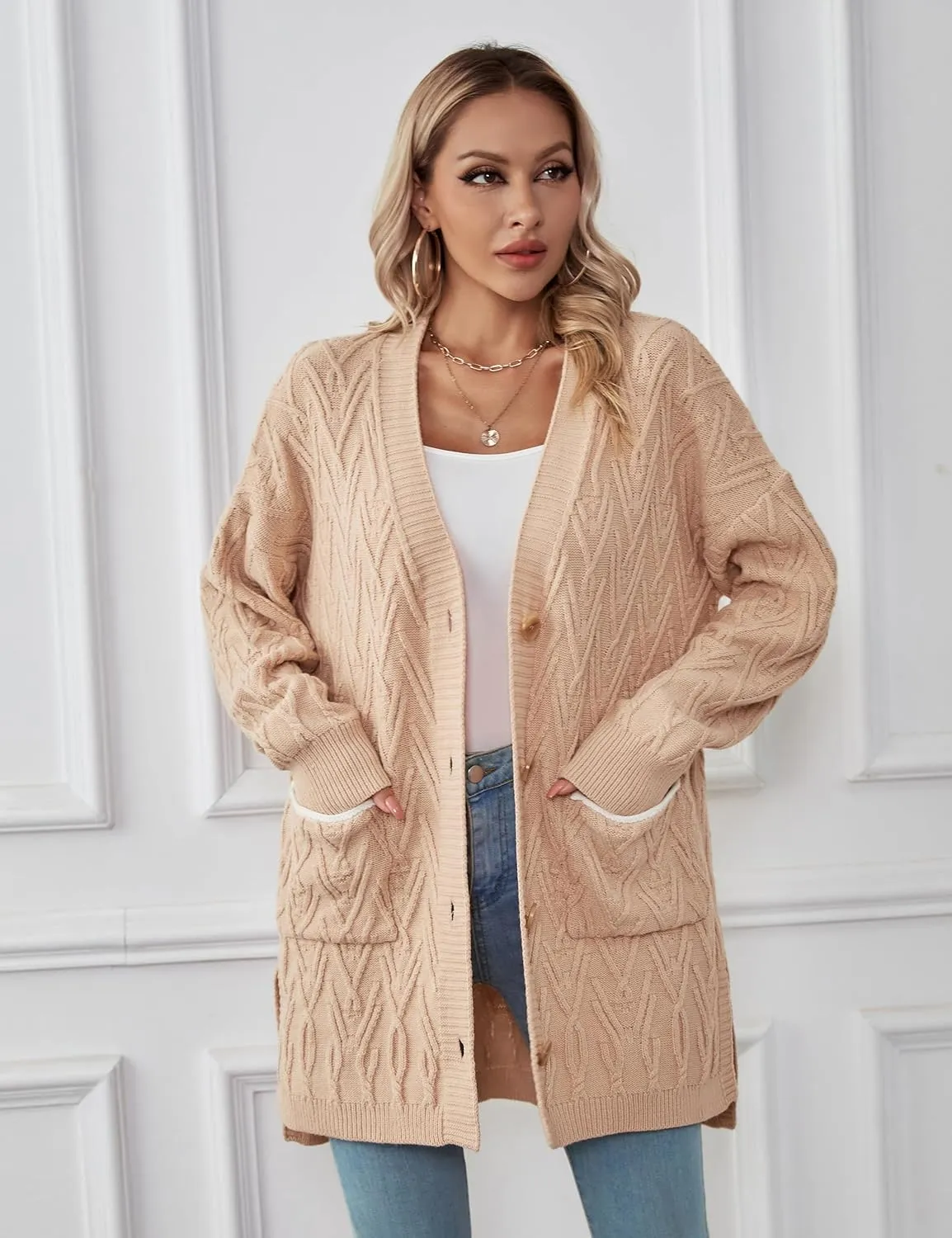 BMJL Womens Fall/Winter Cardigans Hooded Cable Knit Sweaters Oversized Open Front Coats with Pockets 2023