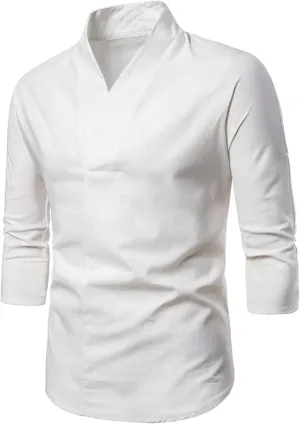 Burband Mens 3/4 Sleeve Cotton Linen V Neck Shirts Hipster Slim Fit Stand Collar Chef Coats Big and Tall Beach Yoga Tops