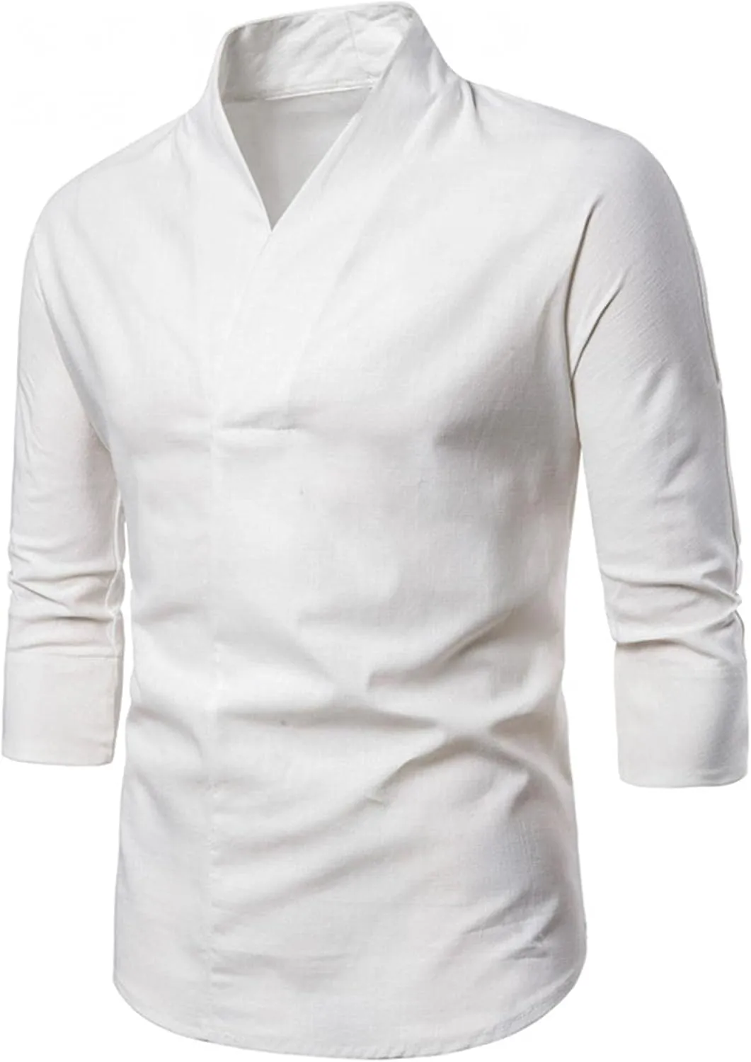 Burband Mens 3/4 Sleeve Cotton Linen V Neck Shirts Hipster Slim Fit Stand Collar Chef Coats Big and Tall Beach Yoga Tops
