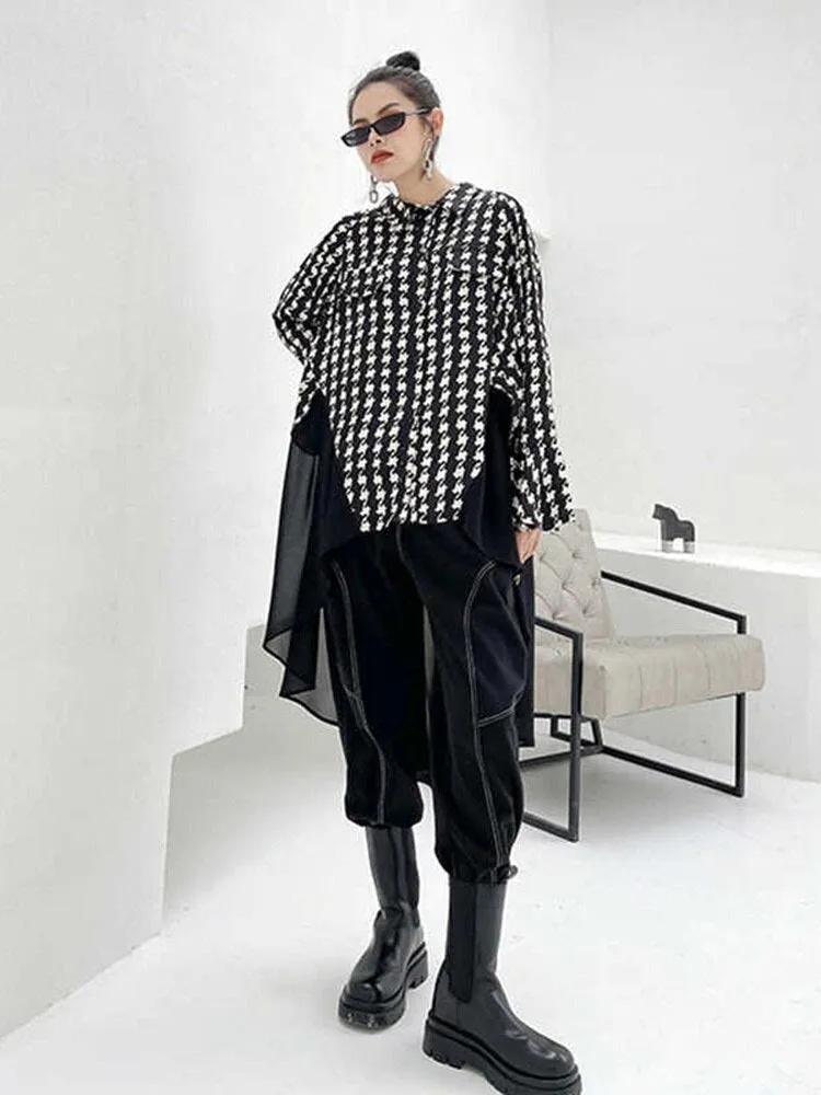 Button-down Cotton & Chiffon Print Blouse Long Sleeve w/ Chiffon Skirt in BLK/WHT