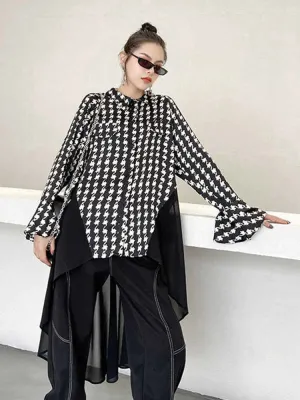 Button-down Cotton & Chiffon Print Blouse Long Sleeve w/ Chiffon Skirt in BLK/WHT